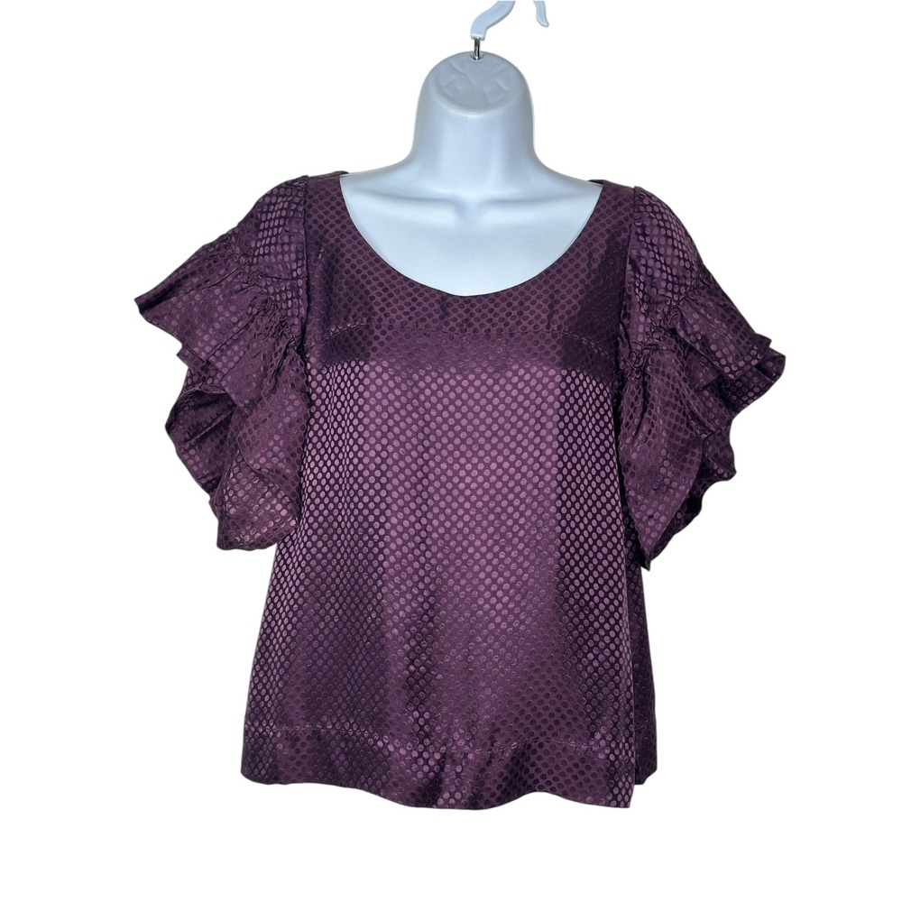 Club Monaco Ruffle Sleeve Blouse XS Plum Purple Jacquard Polka Dot Satin Top